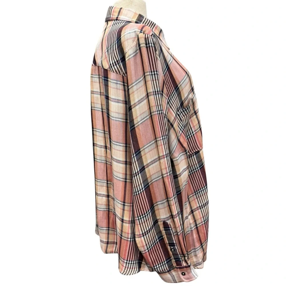 Lucky Brand Cloud Plaid Button Up Shirt Boyfriend Women's 3X Pink Double Fabric - Picture 4 of 13